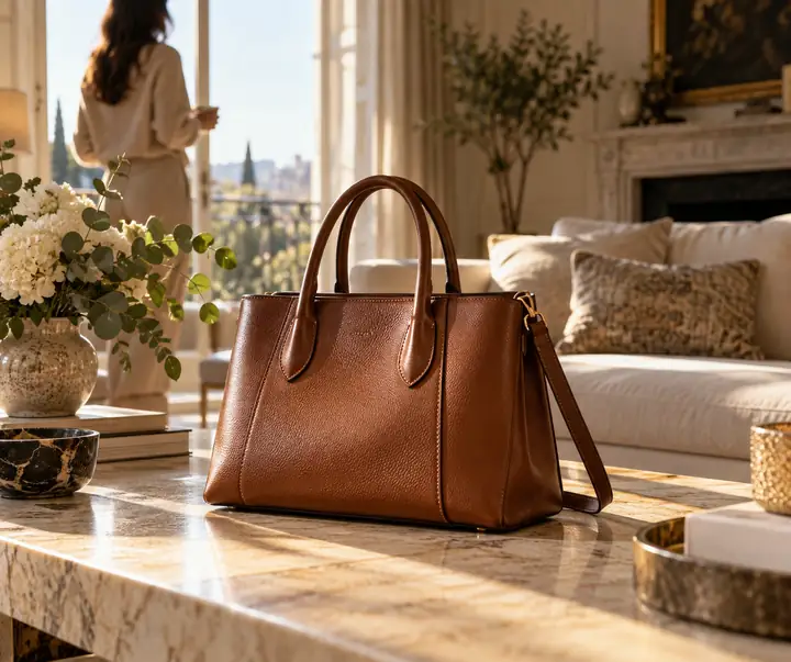 Eine braune Lederhandtasche, fotografiert auf einem sonnenbeschienenen Tisch in einem eleganten Wohnzimmer.
