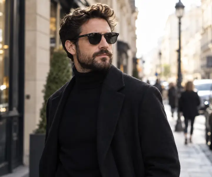 Ein bärtiger Mann mit schwarzem Rollkragenpullover und dunkler Brille, fotografiert auf einer Stadtstraße.