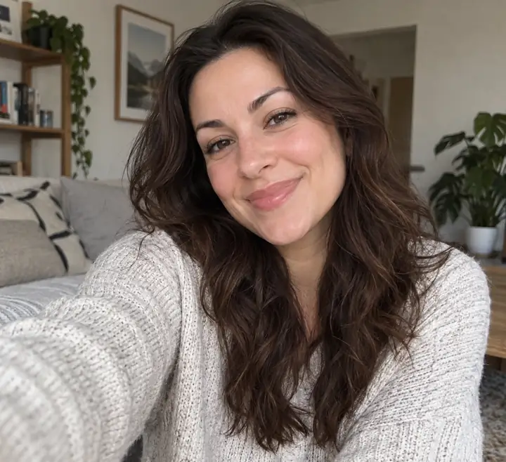 Ein entspanntes Indoor-Selfie einer lächelnden Frau bei natürlichem Alltagslicht.