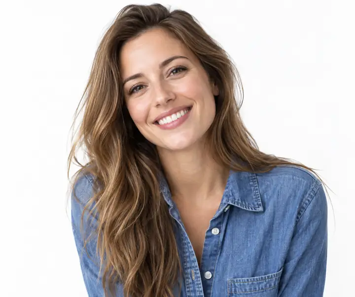 Eine lächelnde Frau mit langen hellbraunen Haaren in einem blauen Jeanshemd, fotografiert vor einem schlichten weißen Studiohintergrund.