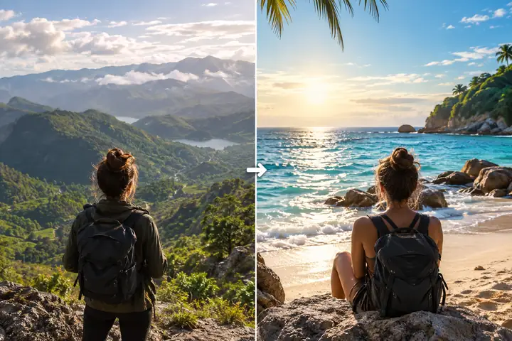 Vorher-nachher-Landschaftsfotos eines Reisenden, der auf grüne Berge blickt, und anschließend eines sonnigen Meeresstrands.