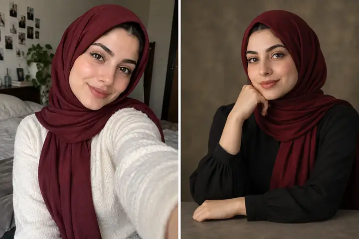 Ein direkter Vergleich einer Frau mit burgunderrotem Kopftuch bei einem ungezwungenen Selfie und einem arrangierten Studioporträt.