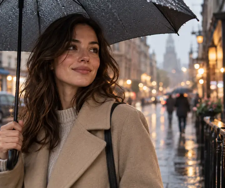 Ein nah aufgenommenes Straßenporträt einer Frau in einem beigen Mantel, die an einem Regentag einen Regenschirm hält.