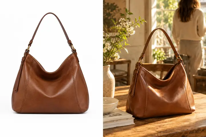 Vorher-nachher-Produktfotos einer braunen Lederhandtasche, zuerst vor schlichtem Weiß, dann in einem warmen, sonnendurchfluteten Innenraum.