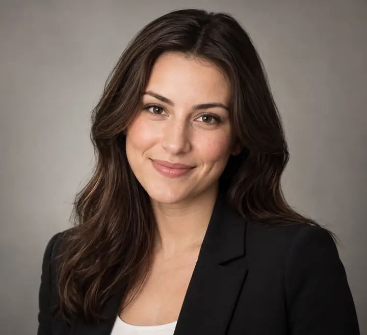 Ein professionelles Porträtfoto einer Frau vor einem sanft beleuchteten, neutralen Studiohintergrund.