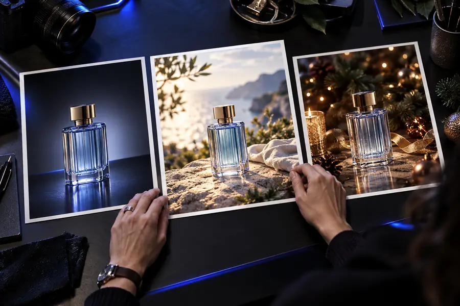 Product imagery shown in contrasting visual treatments